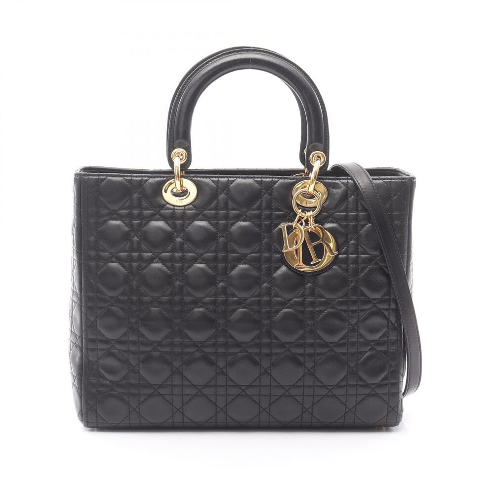 Christian Dior Lady Cannage Handbag Leather Black